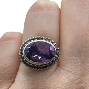 Sterling Silver 925 Amethyst Ornate Ring Size 6.5 Signed TT Statement Split Shan